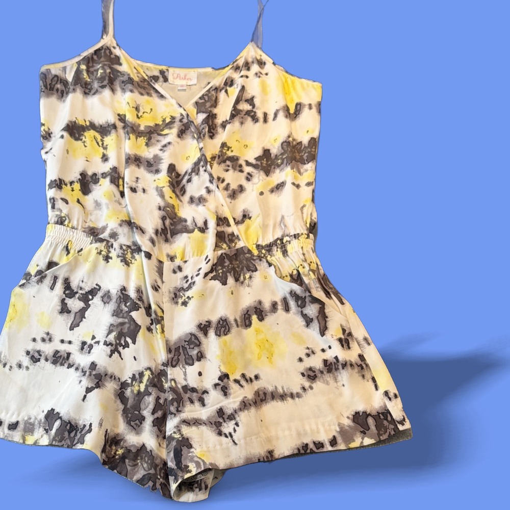 Parker Silk Romper Tie Dye Yellow V Neck Snap Front Boho Womens XS